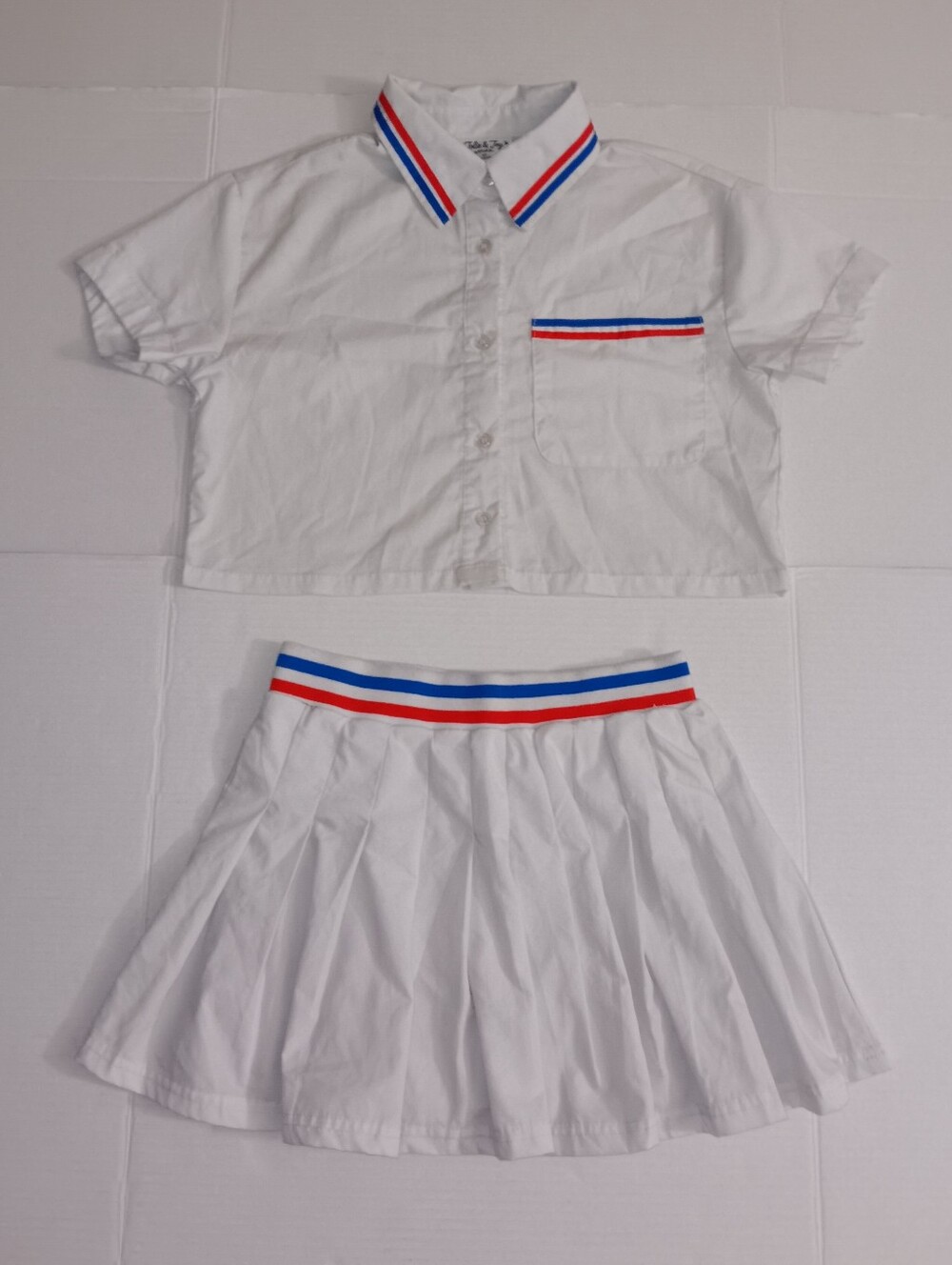 JOLIE & JOY BY FCT WITH LOVE CROP TOP & PLEATED SKIRT SET RED WHITE BLUE SIZE XS